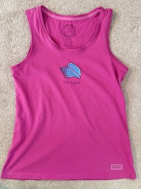 Life is Good Women's Pink Tank Top - Sea Shell Graphic blue shell Size Small Y2K